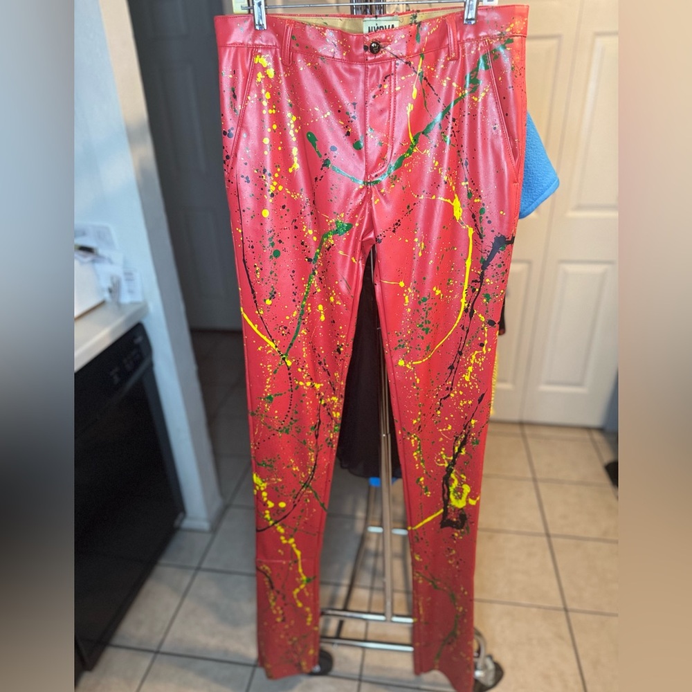 Stacked flair red leather pants